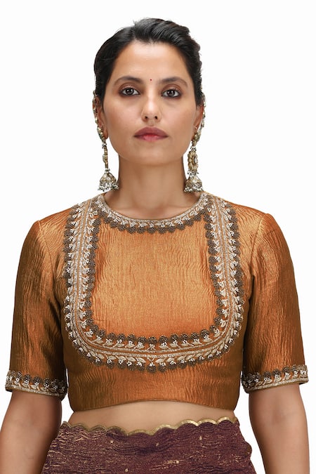 Shop_Mimamsaa_Maroon Tissue, Silk Sequins Round Neck Dhoop Chaon Metallic Saree Set _Online_at_Aza_Fashions