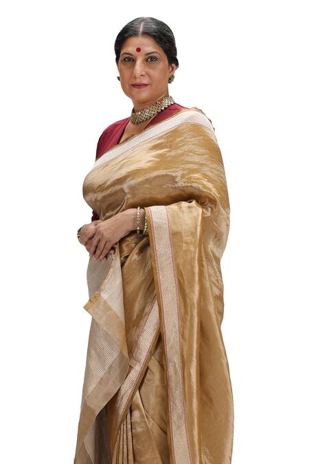 Mimamsaa Gold Silk, Satin Embroidery V-neck Bronze Scallop Woven Border Saree Set Online at Aza Fashions Mimamsaa_Gold Silk, Satin Embroidery V-neck Bronze Scallop Woven Border Saree Set _Online_at_Aza_Fashions