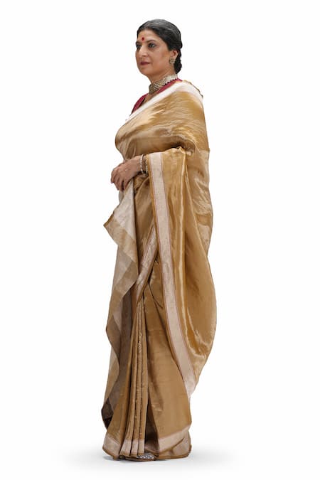 Buy Mimamsaa Gold Silk, Satin Embroidery V-neck Bronze Scallop Woven Border Saree Set Online at Aza Fashions Buy_Mimamsaa_Gold Silk, Satin Embroidery V-neck Bronze Scallop Woven Border Saree Set _Online_at_Aza_Fashions