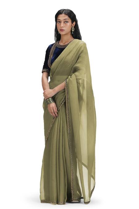 Mimamsaa_Blue Velvet, Organza Sequins Round Neck Olive Green Saree Set _Online_at_Aza_Fashions