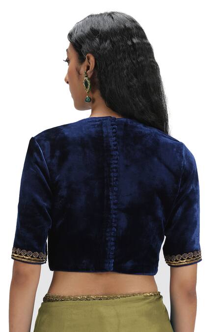 Buy_Mimamsaa_Blue Velvet, Organza Sequins Round Neck Olive Green Saree Set _Online_at_Aza_Fashions