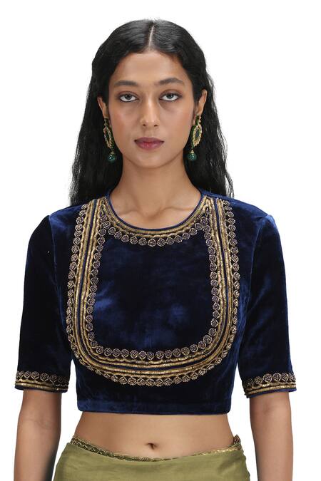 Shop_Mimamsaa_Blue Velvet, Organza Sequins Round Neck Olive Green Saree Set _Online_at_Aza_Fashions