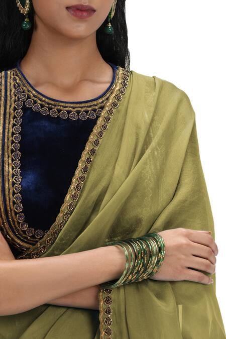 Buy_Mimamsaa_Blue Velvet, Organza Sequins Round Neck Olive Green Saree Set 