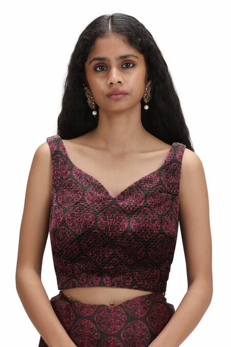 Shop Mimamsaa Pink Velvet, Organza Embroidery, Sequins Polo Floral Printed Saree With Blouse Online at Aza Fashions Shop_Mimamsaa_Pink Velvet, Organza Embroidery, Sequins Polo Floral Printed Saree With Blouse _Online_at_Aza_Fashions