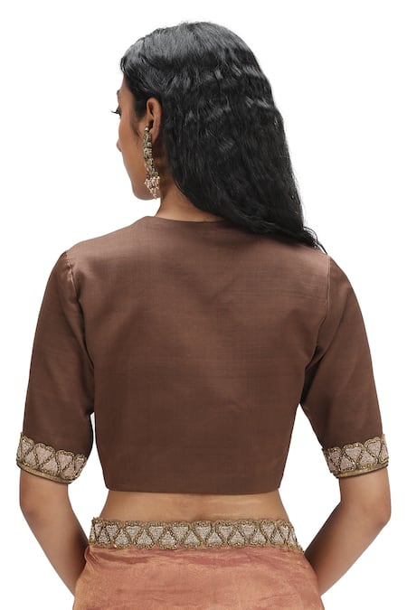 Mimamsaa_Peach Tissue, Silk, Modal Cut Work V-neck Cutdana Embroidered Saree Set _Online_at_Aza_Fashions