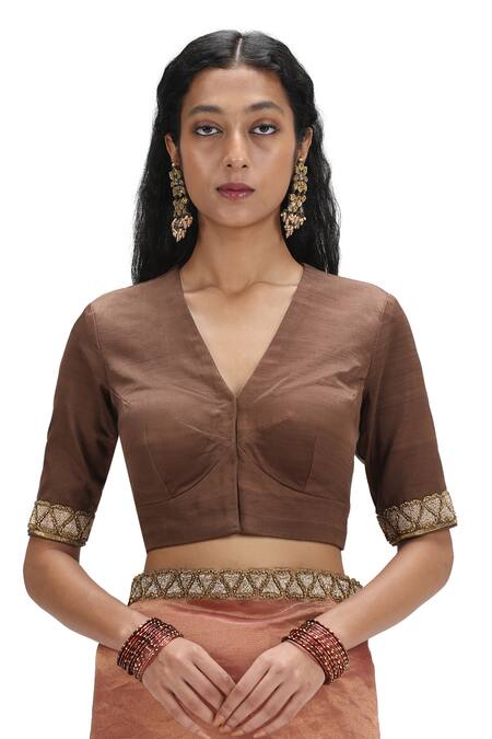 Buy_Mimamsaa_Peach Tissue, Silk, Modal Cut Work V-neck Cutdana Embroidered Saree Set _Online_at_Aza_Fashions