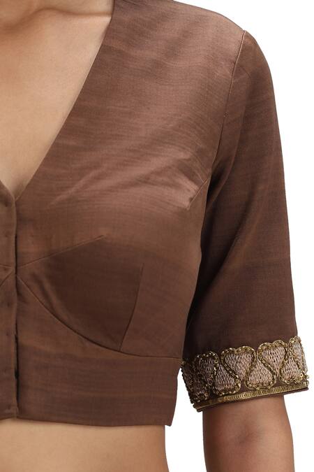 Shop_Mimamsaa_Peach Tissue, Silk, Modal Cut Work V-neck Cutdana Embroidered Saree Set _Online_at_Aza_Fashions