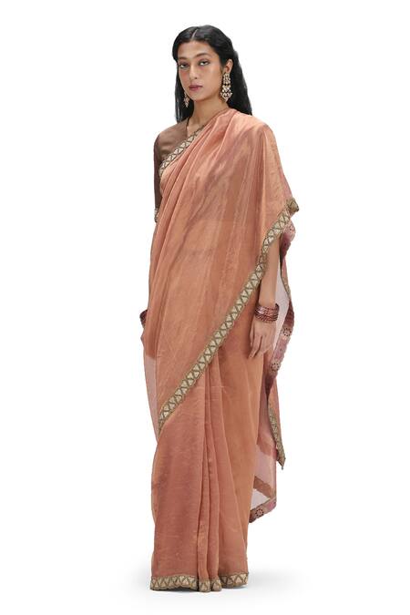 Mimamsaa_Peach Tissue, Silk, Modal Cut Work V-neck Cutdana Embroidered Saree Set _at_Aza_Fashions