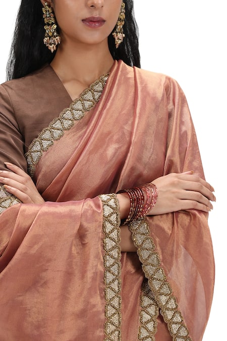 Buy_Mimamsaa_Peach Tissue, Silk, Modal Cut Work V-neck Cutdana Embroidered Saree Set 