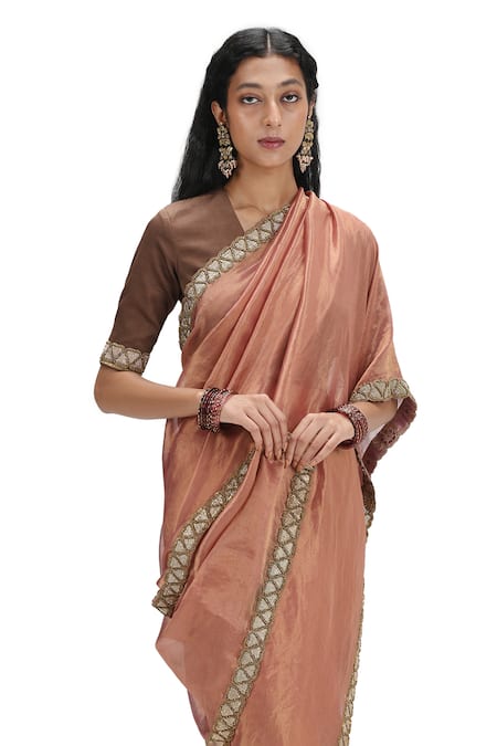Shop_Mimamsaa_Peach Tissue, Silk, Modal Cut Work V-neck Cutdana Embroidered Saree Set 