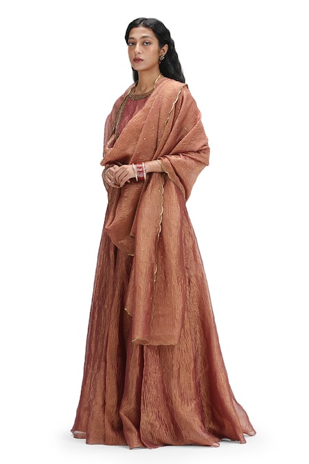 Mimamsaa Peach Tissue, Silk Sequins Round Neck Burnt Metallic Textured Lehenga Set Online at Aza Fashions Mimamsaa_Peach Tissue, Silk Sequins Round Neck Burnt Metallic Textured Lehenga Set _Online_at_Aza_Fashions