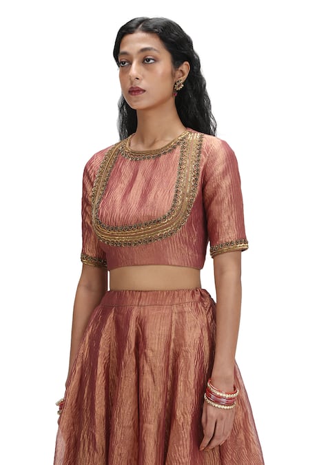 Shop Mimamsaa Peach Tissue, Silk Sequins Round Neck Burnt Metallic Textured Lehenga Set Online at Aza Fashions Shop_Mimamsaa_Peach Tissue, Silk Sequins Round Neck Burnt Metallic Textured Lehenga Set _Online_at_Aza_Fashions