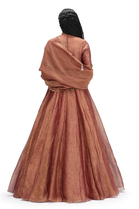 Shop Mimamsaa Peach Tissue, Silk Sequins Round Neck Burnt Metallic Textured Lehenga Set at Aza Fashions Shop_Mimamsaa_Peach Tissue, Silk Sequins Round Neck Burnt Metallic Textured Lehenga Set _at_Aza_Fashions