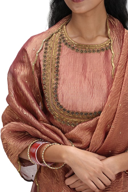 Mimamsaa Peach Tissue, Silk Sequins Round Neck Burnt Metallic Textured Lehenga Set at Aza Fashions Mimamsaa_Peach Tissue, Silk Sequins Round Neck Burnt Metallic Textured Lehenga Set _at_Aza_Fashions