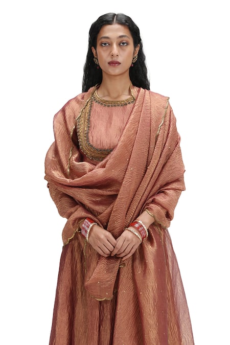 Buy Mimamsaa Peach Tissue, Silk Sequins Round Neck Burnt Metallic Textured Lehenga Set Buy_Mimamsaa_Peach Tissue, Silk Sequins Round Neck Burnt Metallic Textured Lehenga Set