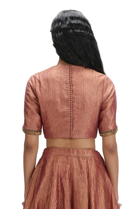 Shop Mimamsaa Peach Tissue, Silk Sequins Round Neck Burnt Metallic Textured Lehenga Set Shop_Mimamsaa_Peach Tissue, Silk Sequins Round Neck Burnt Metallic Textured Lehenga Set