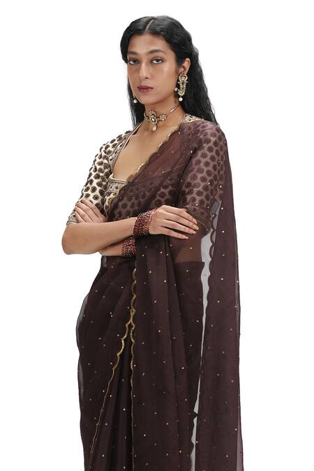 Mimamsaa Brown Organza, Silk, Muslin Sequins, Embroidery Handwoven Scatter Saree Set Online at Aza Fashions Mimamsaa_Brown Organza, Silk, Muslin Sequins, Embroidery Handwoven Scatter Saree Set _Online_at_Aza_Fashions