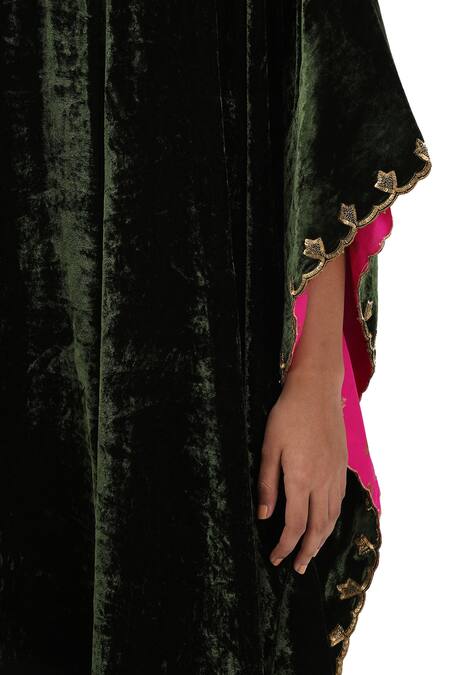Buy_Mimamsaa_Green Velvet Sequins V-neck Embroidered Kaftan Set _Online_at_Aza_Fashions