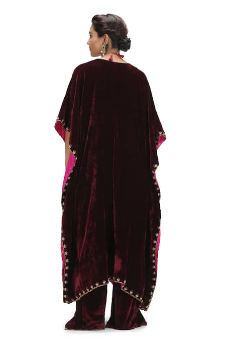 Mimamsaa Maroon Velvet Scalloped Kaftan & Pant 