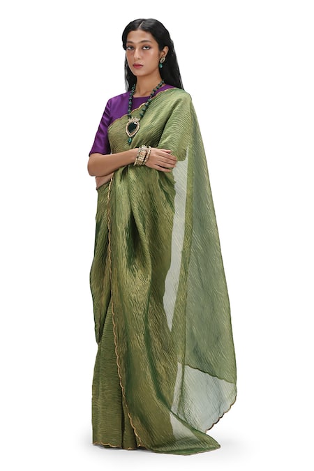 Mimamsaa_Green Organza, Silk, Muslin Sequins Metallic Textured Olive Saree And Blouse _Online_at_Aza_Fashions