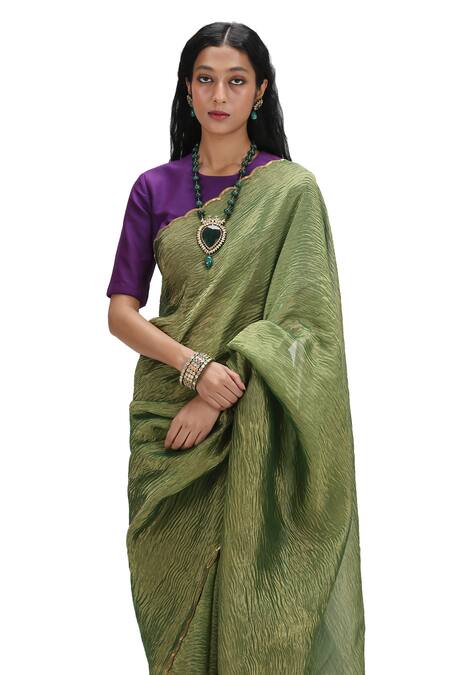 Buy_Mimamsaa_Green Organza, Silk, Muslin Sequins Metallic Textured Olive Saree And Blouse _Online_at_Aza_Fashions