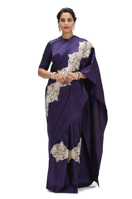 Mimamsaa_Blue Satin, Silk Cut Work, Embroidery Round Neck Vine Woven Saree With Blouse _Online_at_Aza_Fashions