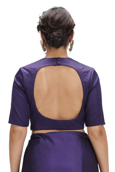 Shop_Mimamsaa_Blue Satin, Silk Cut Work, Embroidery Round Neck Vine Woven Saree With Blouse _Online_at_Aza_Fashions