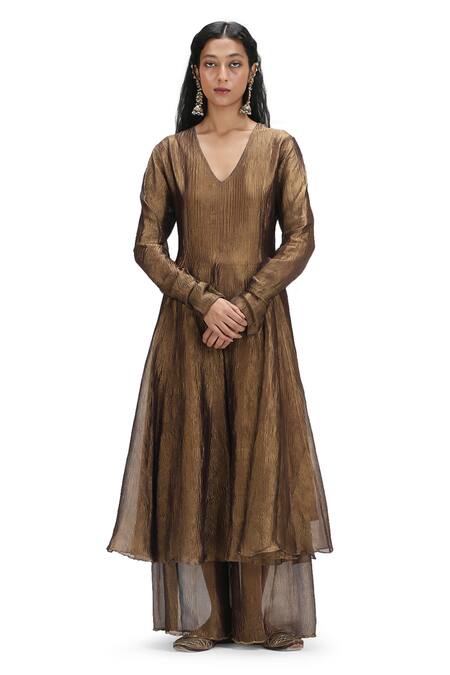 Buy_Mimamsaa_Gold Crepe, Chiffon Sequins V-neck Metallic Textured Anarkali Pant Set _Online_at_Aza_Fashions