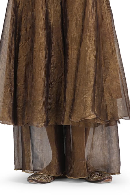 Shop_Mimamsaa_Gold Crepe, Chiffon Sequins V-neck Metallic Textured Anarkali Pant Set _Online_at_Aza_Fashions
