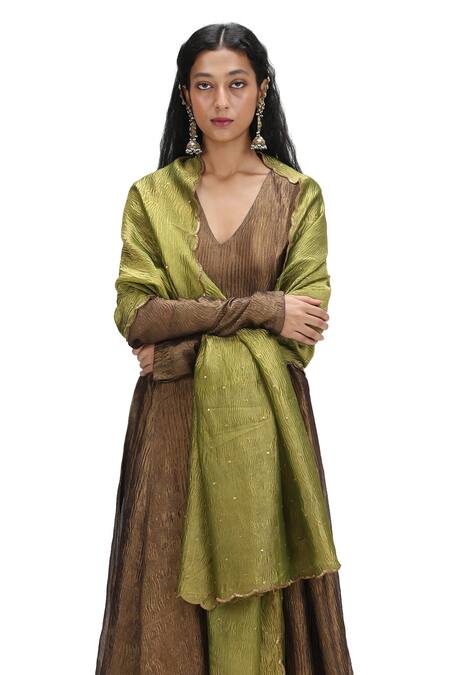 Mimamsaa_Gold Crepe, Chiffon Sequins V-neck Metallic Textured Anarkali Pant Set _at_Aza_Fashions