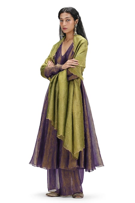 Mimamsaa Gold Crepe, Chiffon Sequins V-neck Textured Metallic Anarkali Set Online at Aza Fashions Mimamsaa_Gold Crepe, Chiffon Sequins V-neck Textured Metallic Anarkali Set _Online_at_Aza_Fashions