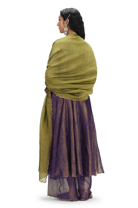 Shop Mimamsaa Gold Crepe, Chiffon Sequins V-neck Textured Metallic Anarkali Set at Aza Fashions Shop_Mimamsaa_Gold Crepe, Chiffon Sequins V-neck Textured Metallic Anarkali Set _at_Aza_Fashions