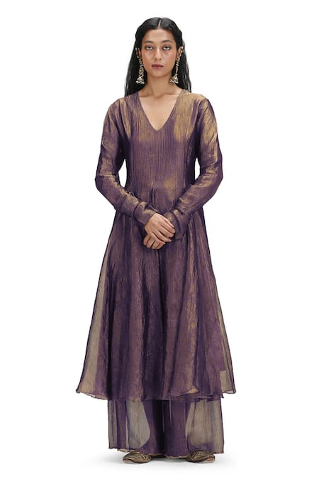 Buy Mimamsaa Gold Crepe, Chiffon Sequins V-neck Textured Metallic Anarkali Set Online at Aza Fashions Buy_Mimamsaa_Gold Crepe, Chiffon Sequins V-neck Textured Metallic Anarkali Set _Online_at_Aza_Fashions