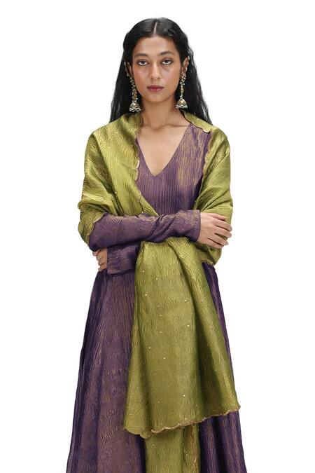 Mimamsaa Gold Crepe, Chiffon Sequins V-neck Textured Metallic Anarkali Set at Aza Fashions Mimamsaa_Gold Crepe, Chiffon Sequins V-neck Textured Metallic Anarkali Set _at_Aza_Fashions