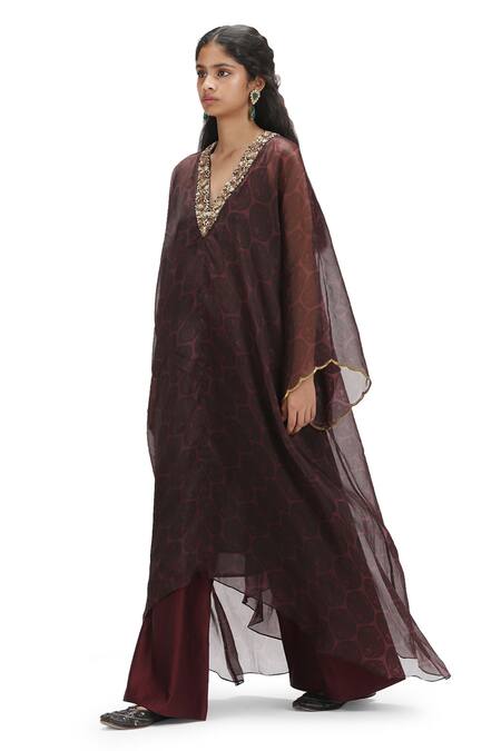 Mimamsaa_Black Organza Zari V-neck Floral Butti Zardozi Kaftan Pant Set _Online_at_Aza_Fashions