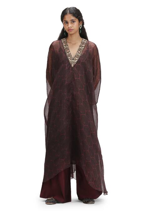 Buy_Mimamsaa_Black Organza Zari V-neck Floral Butti Zardozi Kaftan Pant Set _Online_at_Aza_Fashions