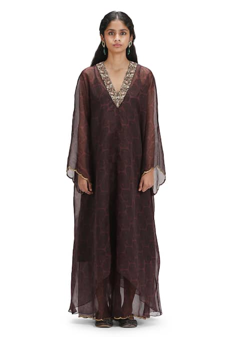 Shop_Mimamsaa_Black Organza Zari V-neck Floral Butti Zardozi Kaftan Pant Set _Online_at_Aza_Fashions