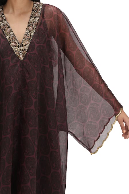 Mimamsaa_Black Organza Zari V-neck Floral Butti Zardozi Kaftan Pant Set _at_Aza_Fashions