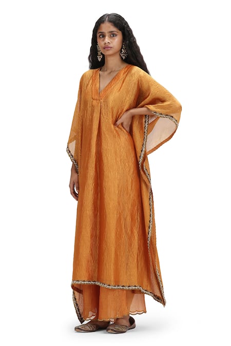 Mimamsaa_Yellow Crepe Sequins V-neck Textured Embroidered Kaftan Set _Online_at_Aza_Fashions