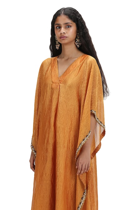 Buy_Mimamsaa_Yellow Crepe Sequins V-neck Textured Embroidered Kaftan Set _Online_at_Aza_Fashions