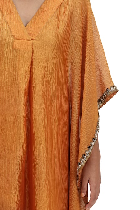 Shop_Mimamsaa_Yellow Crepe Sequins V-neck Textured Embroidered Kaftan Set _Online_at_Aza_Fashions