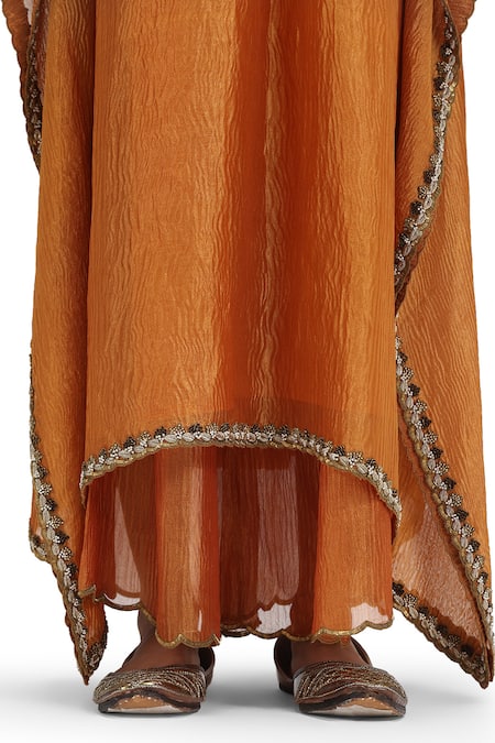 Mimamsaa_Yellow Crepe Sequins V-neck Textured Embroidered Kaftan Set _at_Aza_Fashions