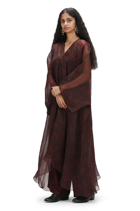 Mimamsaa_Black Organza V-neck Abstract Pattern Kaftan Pant Set _Online_at_Aza_Fashions
