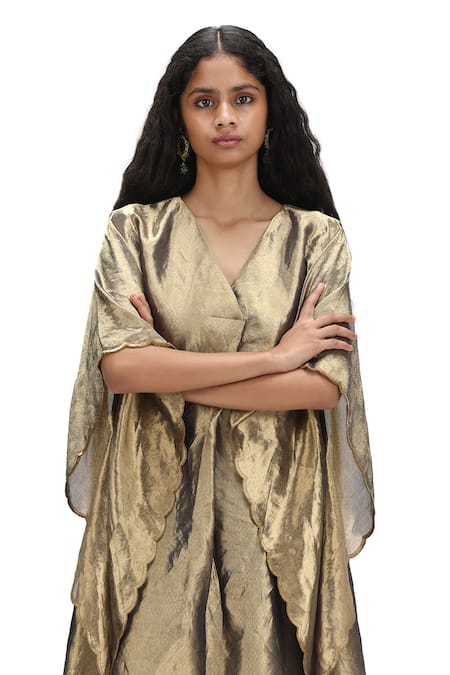 Mimamsaa Gold Silk, Tissue Sequins V-neck Metallic Woven Kaftan And Pant Set Online at Aza Fashions Mimamsaa_Gold Silk, Tissue Sequins V-neck Metallic Woven Kaftan And Pant Set _Online_at_Aza_Fashions