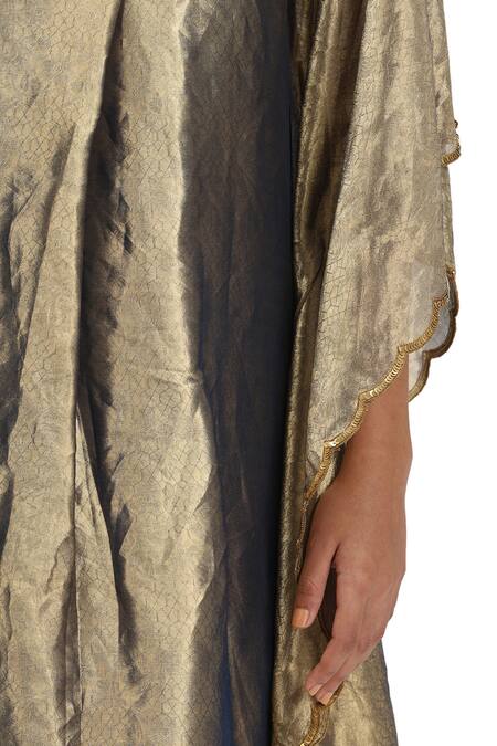 Shop Mimamsaa Gold Silk, Tissue Sequins V-neck Metallic Woven Kaftan And Pant Set Online at Aza Fashions Shop_Mimamsaa_Gold Silk, Tissue Sequins V-neck Metallic Woven Kaftan And Pant Set _Online_at_Aza_Fashions