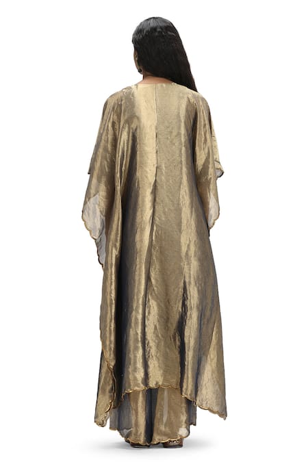 Shop Mimamsaa Gold Silk, Tissue Sequins V-neck Metallic Woven Kaftan And Pant Set at Aza Fashions Shop_Mimamsaa_Gold Silk, Tissue Sequins V-neck Metallic Woven Kaftan And Pant Set _at_Aza_Fashions