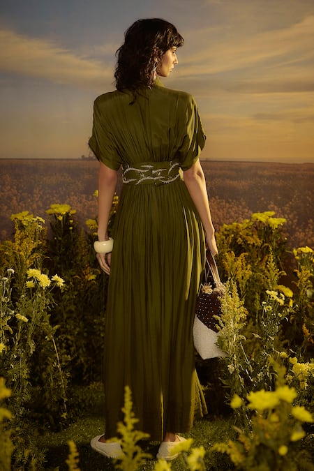 Nirmooha Military Green Embroidered Maxi Dress 