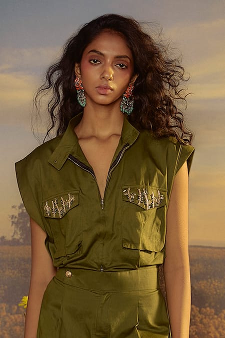 Nirmooha_Green Cotton Beads, Sequins Collared And Embroidered Jumpsuit _Online_at_Aza_Fashions