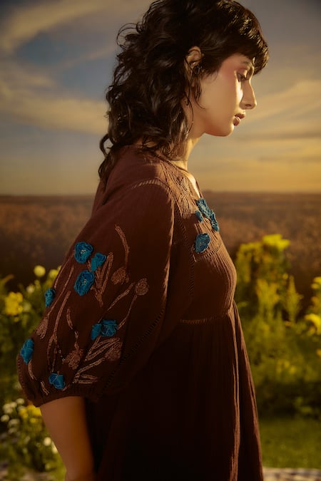 Nirmooha_Brown Cotton Fabric Flowers Open Neck 3d Embroidered Short Dress _Online_at_Aza_Fashions