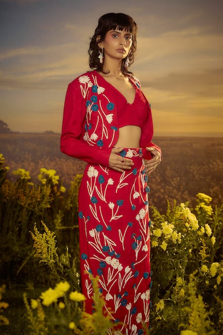 Nirmooha Red Cotton Embroidery Plunge Neck Flower Skirt With Bralette Online at Aza Fashions Nirmooha_Red Cotton Embroidery Plunge Neck Flower Skirt With Bralette _Online_at_Aza_Fashions